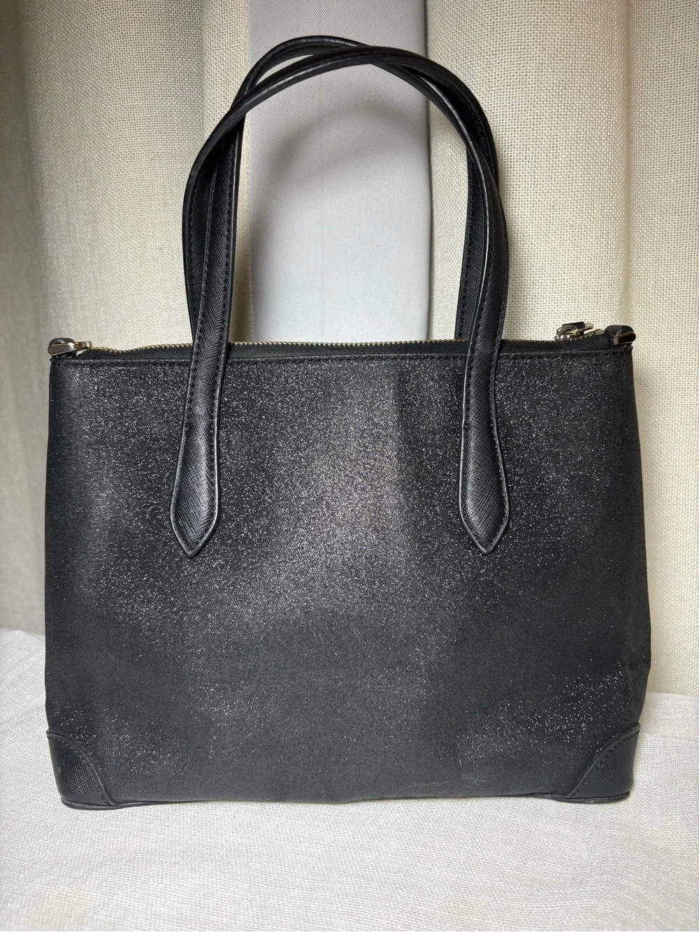 Kate Spade Glimmer Small Zip Satchel Black Glitter Crossbody Handbag KE460